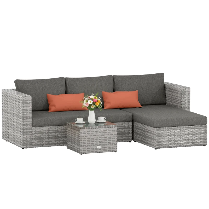 Outsunny 3 Pieces Outdoor PE Rattan Corner Sofa Set with Cushions - Garden Conversation Chaise Lounge Furniture, Includes Glass Top Coffee Table and Two Pillows, Grey