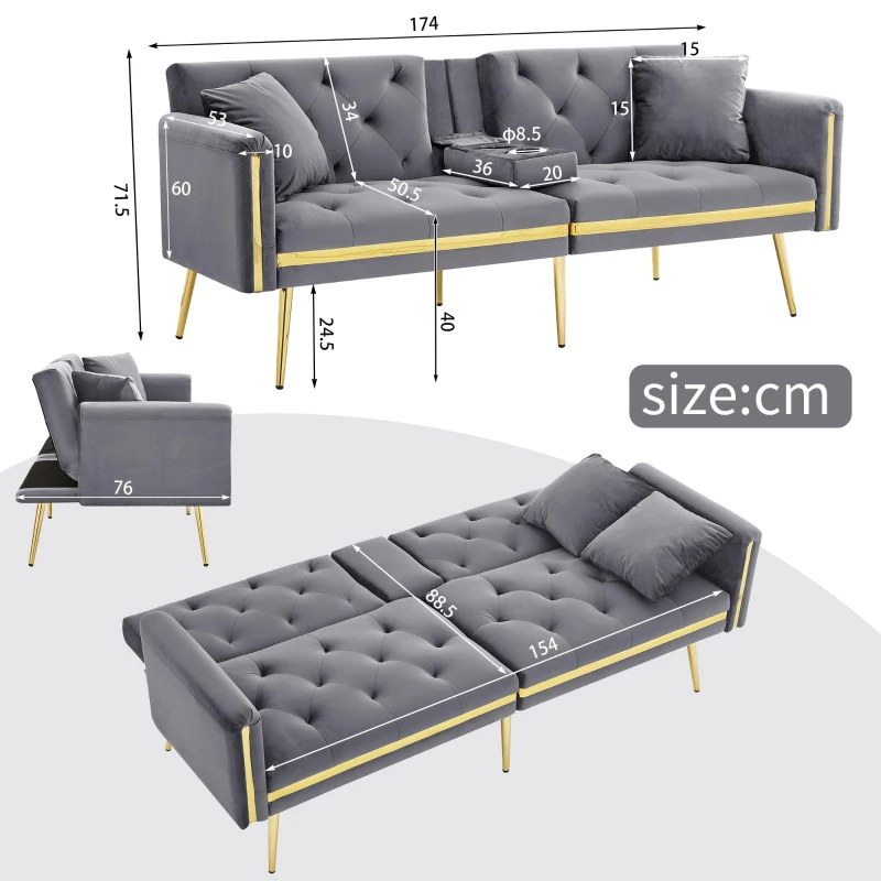 Two-Seater Convertible Sofa Bed with 3-Level Adjustable Backrest, Space-Saving Sleeper Sofa with High-Density Foam, 174L x 76W x 71.5H cm, Grey