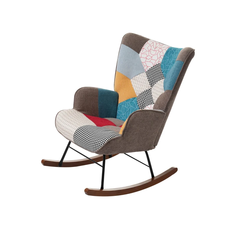 Rocking Chair and Footstool Set with Back Cushion, Quilted Patchwork Leisure Chair Solid with Wood and Iron Legs, 100L x 69.5W x 88.5H cm, Colorful