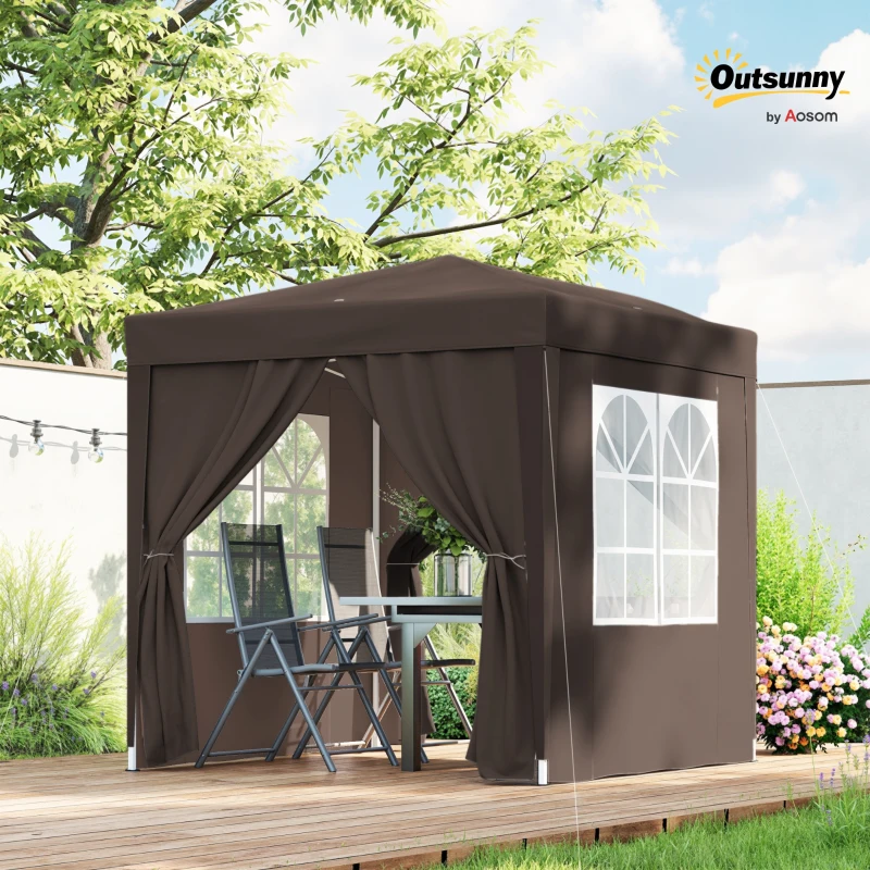 Outsunny 2 x 2 m Garden Pop Up Gazebo, Wedding Party Tent Marquee, Water Resistant Awning Canopy with Sidewalls, Windows, Carry Bag, Coffee(m-9)