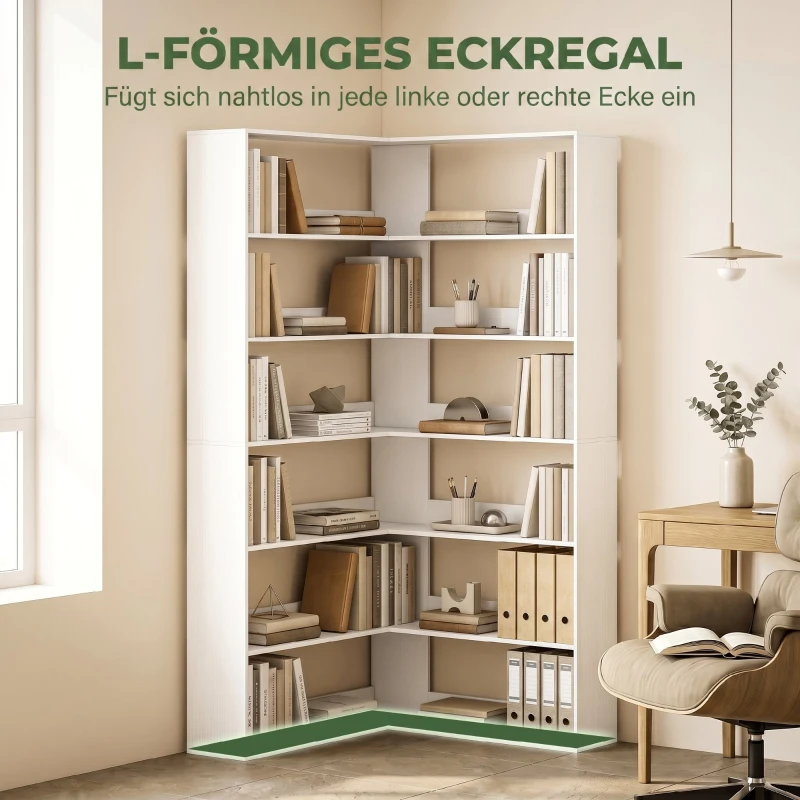HOMCOM Boekenkast met 7 Lagen, L-vormig Hoekrek met Anti-slip Achterwand, Wit met Houtlook