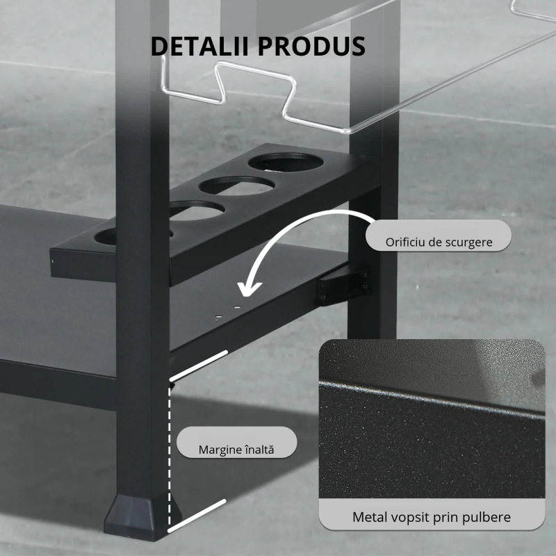 Outsunny Cărucior pentru grătar cu masă pliabilă din oțel inoxidabil, 2 roți și accesorii, 125x65x84 cm, negru