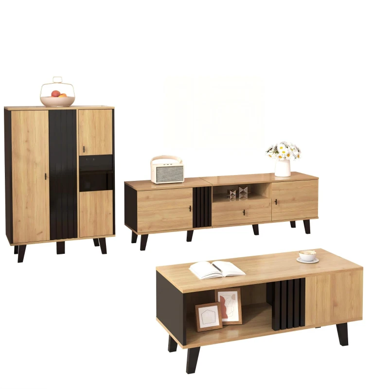 3-Piece Living Room Furniture Set with Water-Resistant Surfaces, Contemporary Living Room Set with Practical Storage, 170L x 40W x 50.5H cm, Black+Wood
