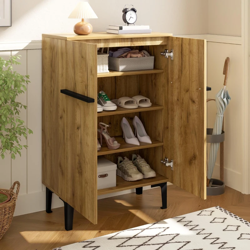 Space-Saving Entryway Storage with Adjustable Shelves and Large Capacity, Modern Shoe Cabinet with Double Doors, 60L x 34.5W x 95H cm, Black+Wood