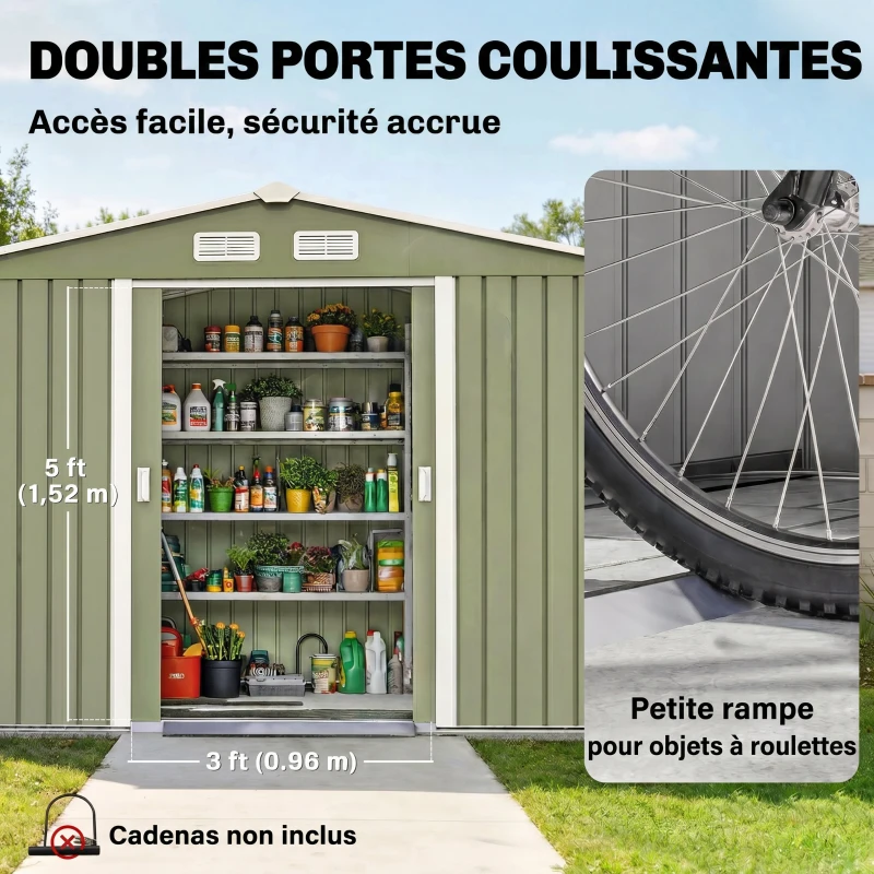 Outsunny Abri de jardin 5,4 m² 2,77 x 1,95 x 1,92 m kit de fondation porte coulissante ventilations acier galvanisé, vert clair