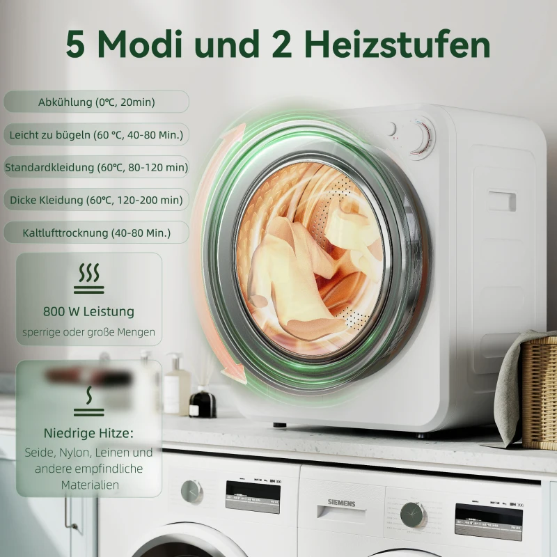 HOMCOM Mini Wasdroger 4 kg met 5 Programma's tot 60℃ 800W/400W Luchtafvoerdroger met Roestvrijstalen Trommel Wit
