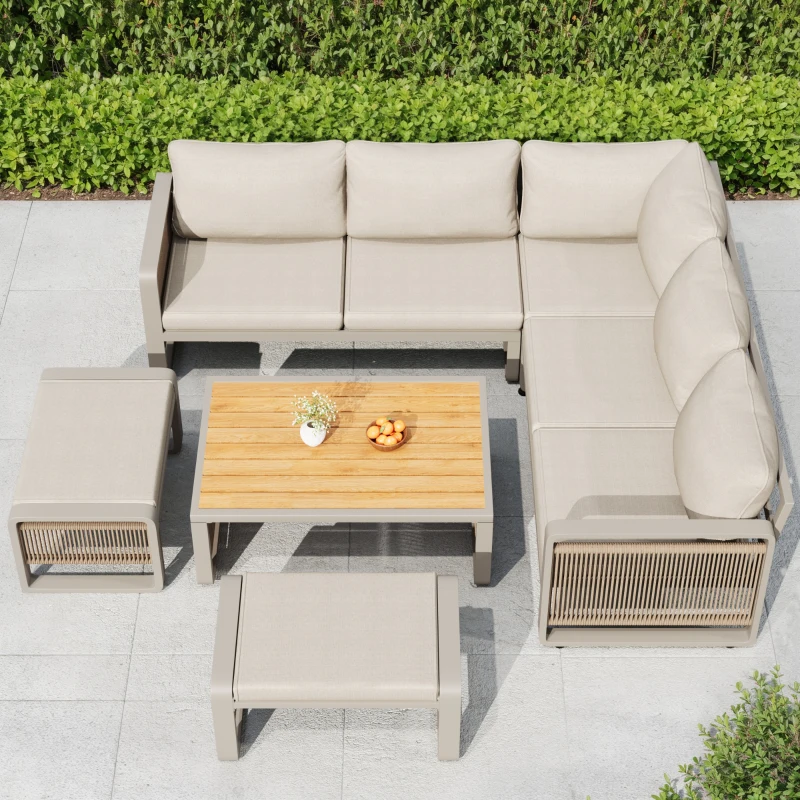 Modern Garden Corner Sofa Set with High‑Density Foam Cushions, Weatherproof Outdoor Set for 6-7 People, 120L x 65W x 66.5H cm, Beige