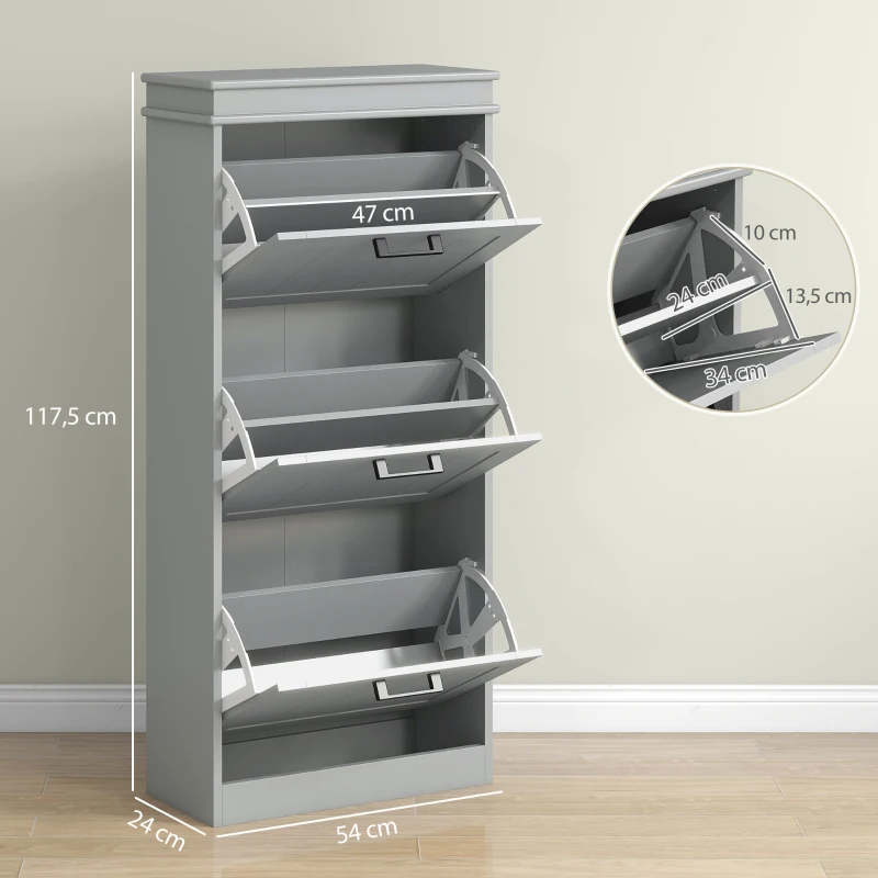 HOMCOM Schuhschrank, Schuhschrank 3 Klapptüren 15 Paar, verstellbare Regale, 54 x 24 x 117,5 cm, grau