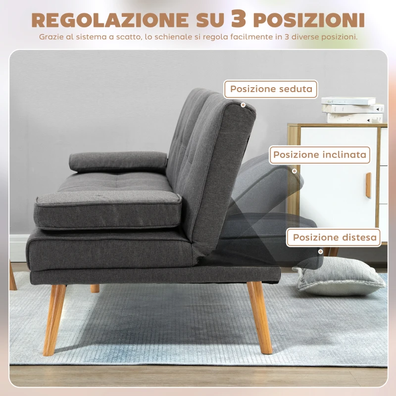 HOMCOM Divano Letto 3 Posti Reclinabile con 2 Braccioli Staccabili, in Tessuto Effetto Lino e Legno di Pioppo, 181x77x78 cm
