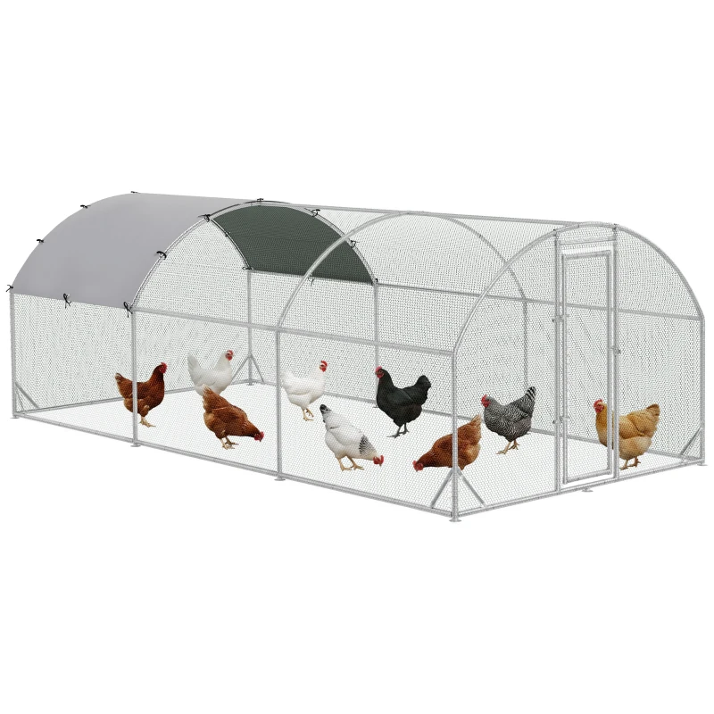 PawHut Gallinero de Exterior Grande para 12-18 Gallinas de Acero Galvanizado y Techo de Tela Oxford 5,7x2,8x1,97 m Plata