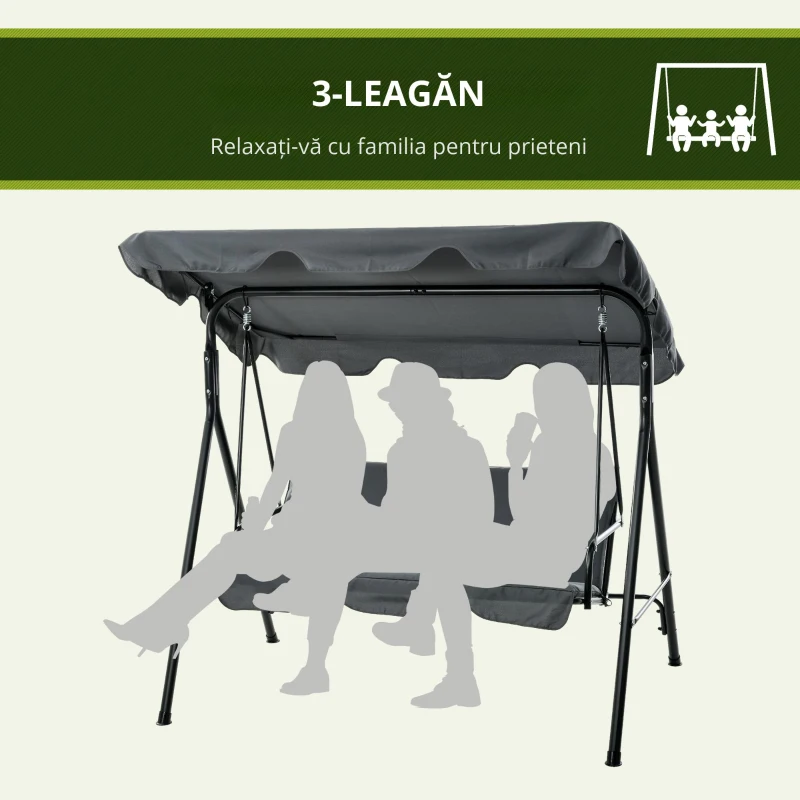 Outsunny Leagăn de Grădină cu 3 Locuri cu Copertină și Cadru din Oțel și Poliester, 172x110x153 cm, Gri