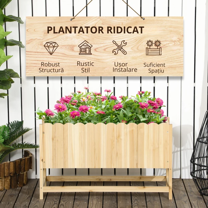 Outsunny Jardiniera pentru exterior, verticala si de dimensiuni reduse din lemn de brad cu orificiu de scurgere si protectie interioara, 86x30x50 cm, culoarea lemnului