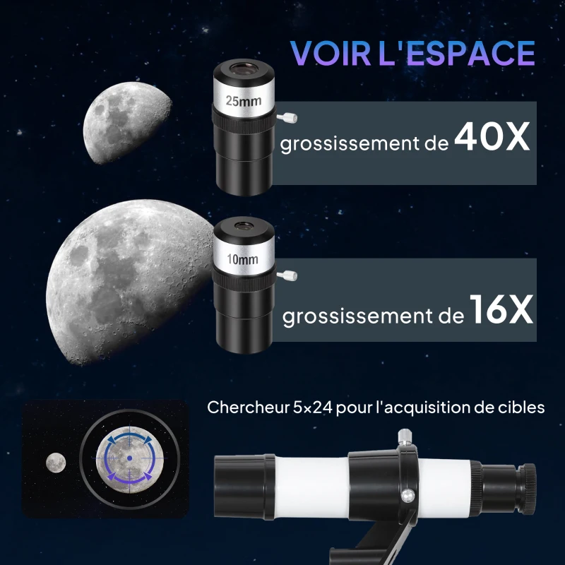 Outsunny Télescope astronomique adultes et débutants 70 mm, télescope réfracteur 40X/16X trépied réglable, 80 x 80 x 135 cm blanc