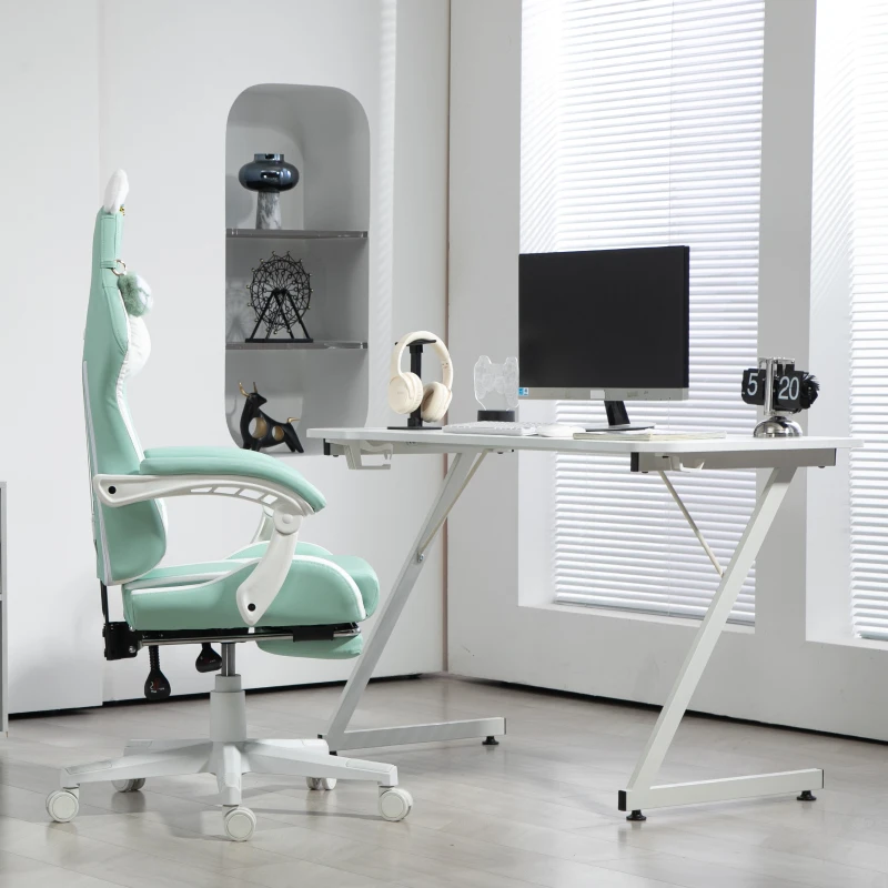 HOMCOM Cat Ear and Paw Reclining Office Chair, with Footrest - Light Blue/White