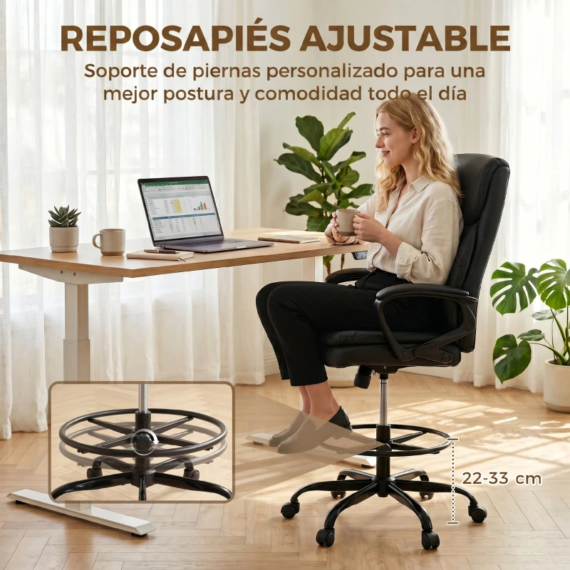 HOMCOM Silla de Dibujo Silla de Escritorio Ergonómica Giratoria con Altura y Reposapiés Ajustable Negro