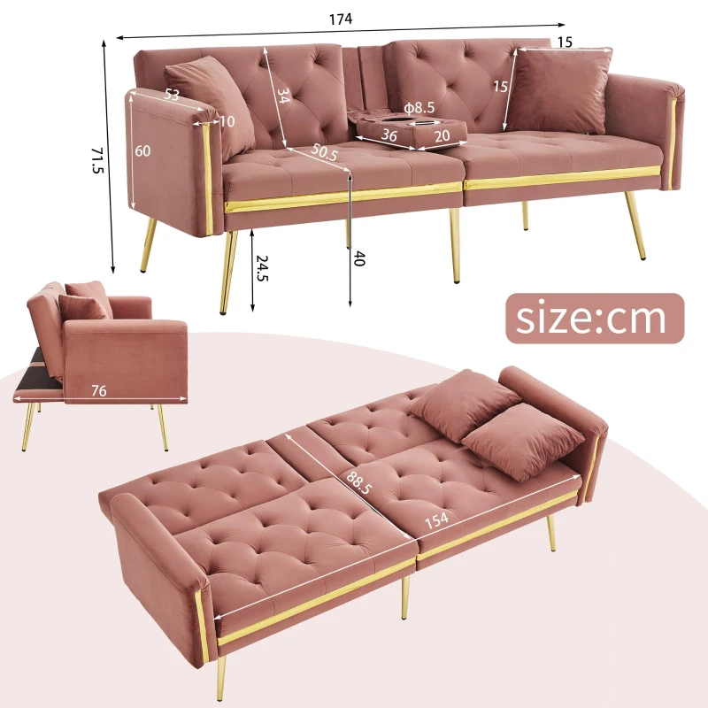 Two-Seater Convertible Sofa Bed with 3-Level Adjustable Backrest, Space-Saving Sleeper Sofa with High-Density Foam, 174L x 76W x 71.5H cm, Pink