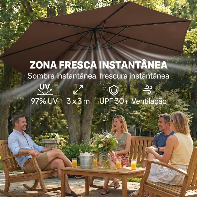 Outsunny Chapéu de Sol de Jardim Ø300x250cm Chapéu de Sol Excêntrico Inclinável com Manivela Base Cruzada Café