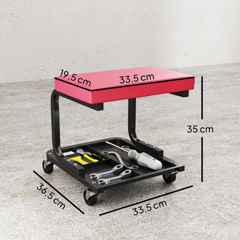 HOMCOM Tabouret de mécanicien tabouret d'atelier mobile charge 135 kg plateau outils roulettes inclus 36,5 x 33,5 x 35 cm rouge