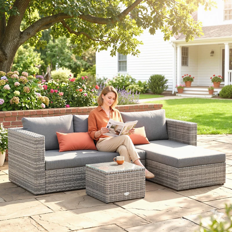 Outsunny 3 Pieces Outdoor PE Rattan Corner Sofa Set with Cushions - Garden Conversation Chaise Lounge Furniture, Includes Glass Top Coffee Table and Two Pillows, Grey