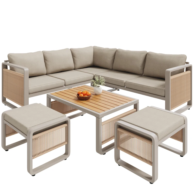 Modern Garden Corner Sofa Set with High‑Density Foam Cushions, Weatherproof Outdoor Set for 6-7 People, 120L x 65W x 66.5H cm, Beige