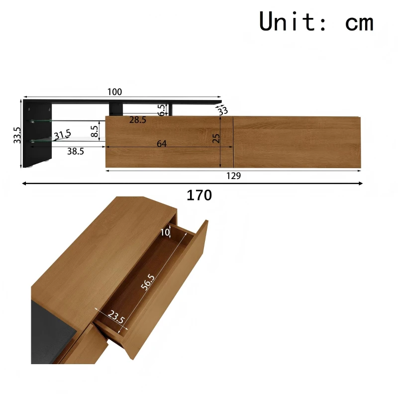 Modern TV Cabinet with Triple-Layer Glass Shelves, Low-Profile TV Stand with Smart Storage, 170L x 33W x 33.5H cm, Black+Natural+Wood