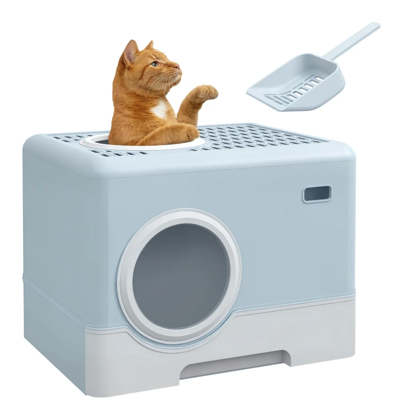PawHut Arenero para Gatos Cubierto con Pala Bandeja Extraíble Entrada Frontal y Salida Superior 52x41x38,5 cm Azul