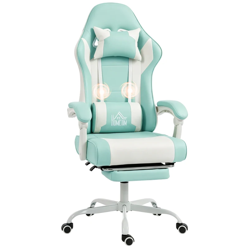 HOMCOM Silla Gamer con Lumbar Masaje Vibración Reclinable 155° Altura Ajustable Reposacabezas y Reposapiés Retráctil Azul