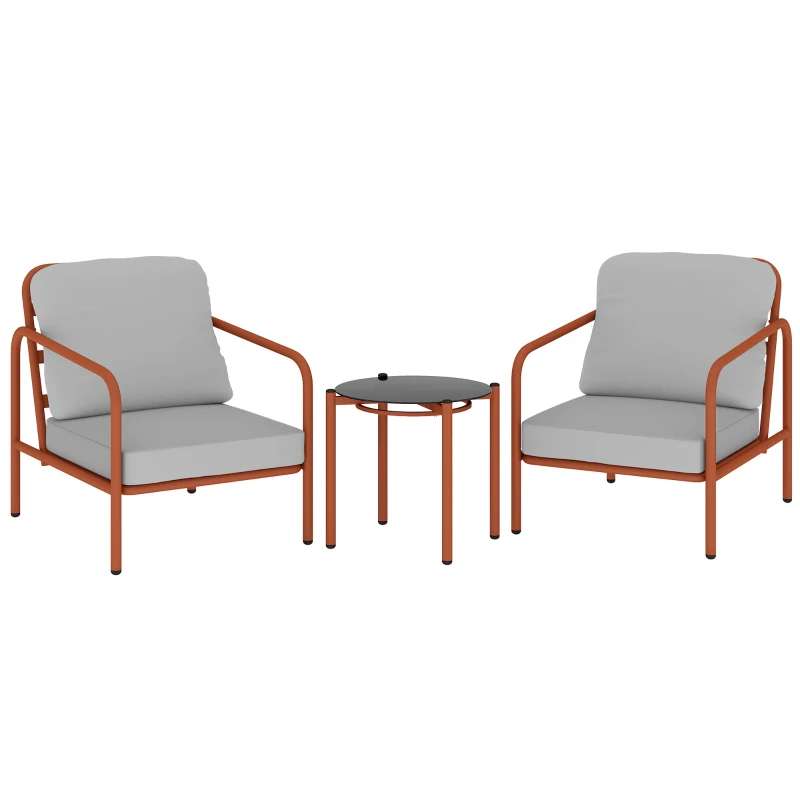 Outsunny Salon de Jardin 3 Pièces, 2 Fauteuils, 1 Table Basse, Coussins Épais, Plateau en Verre Trempé, 63x77x76cm, Rouge Vineux