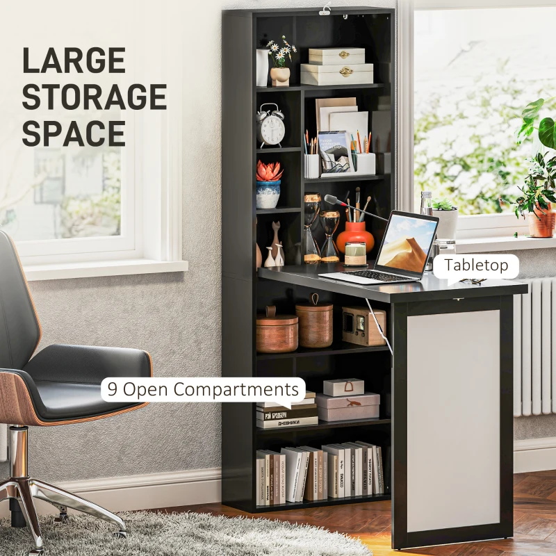 HOMCOM Scrivania Moderna Pieghevole con Libreria e Lavagna, in Legno e Metallo, 98x51x153 cm, Nero