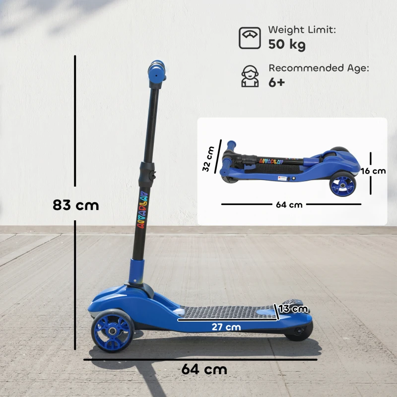 AIYAPLAY Three-Wheel Foldable Electric Scooter for Kids Aged 6-10 Years, Blue