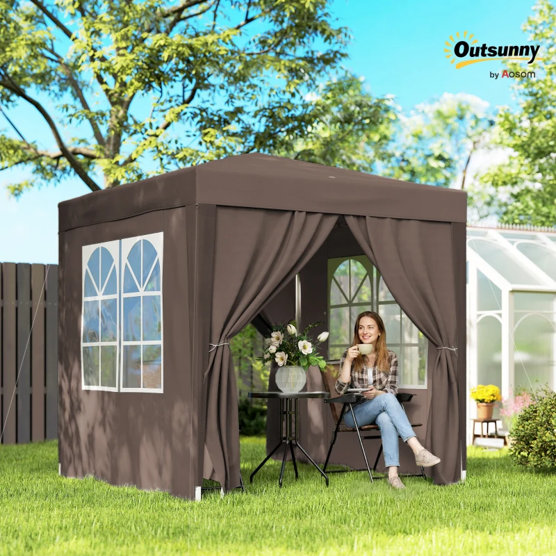 Outsunny 2 x 2 m Garden Pop Up Gazebo, Wedding Party Tent Marquee, Water Resistant Awning Canopy with Sidewalls, Windows, Carry Bag, Coffee(m-2)