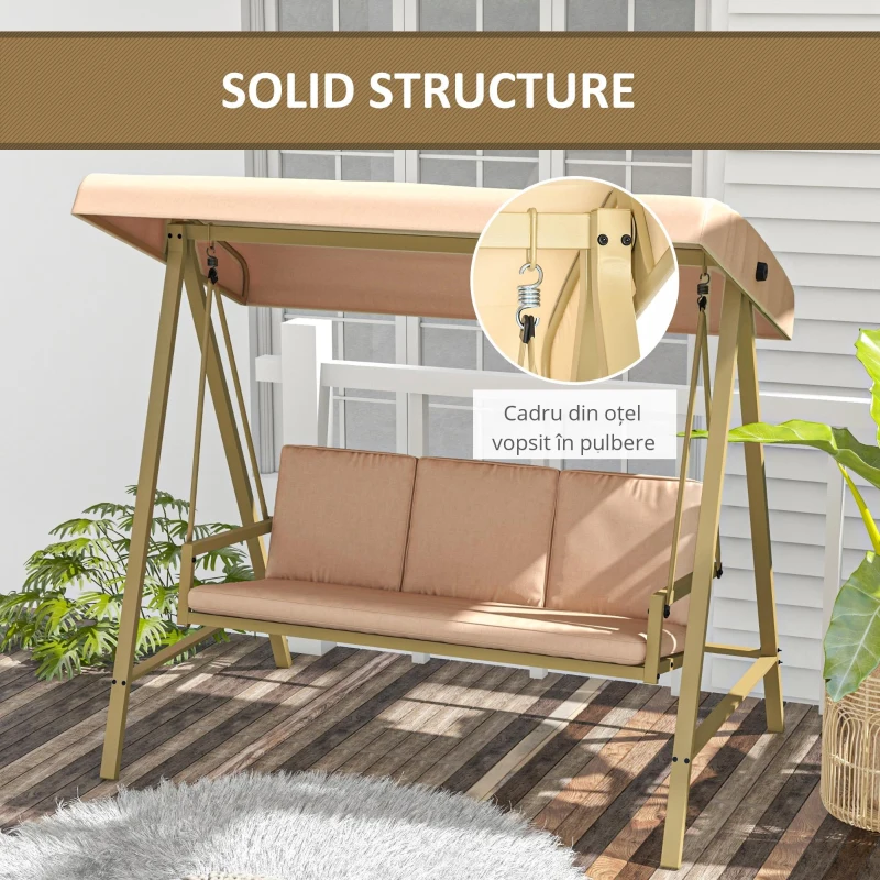 Outsunny Scaun Balansoar de Gradina cu 3 Locuri, Banca Hamac in Aer Liber cu Copertina Reglabila, Perne Detasabile si Cadru Solid
