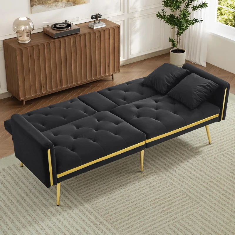 Two-Seater Convertible Sofa Bed with 3-Level Adjustable Backrest, Space-Saving Sleeper Sofa with High-Density Foam, 174L x 76W x 71.5H cm, Black