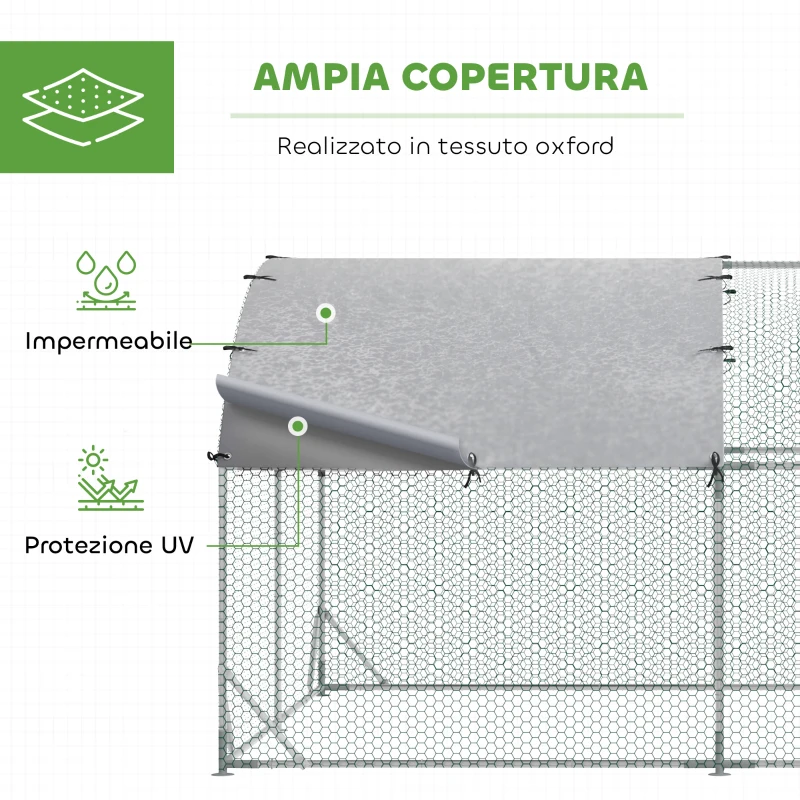 PawHut Recinto per Galline in Metallo Galvanizzato con Tetto e Copertura Anti UV, 280x380x197 cm, Argento