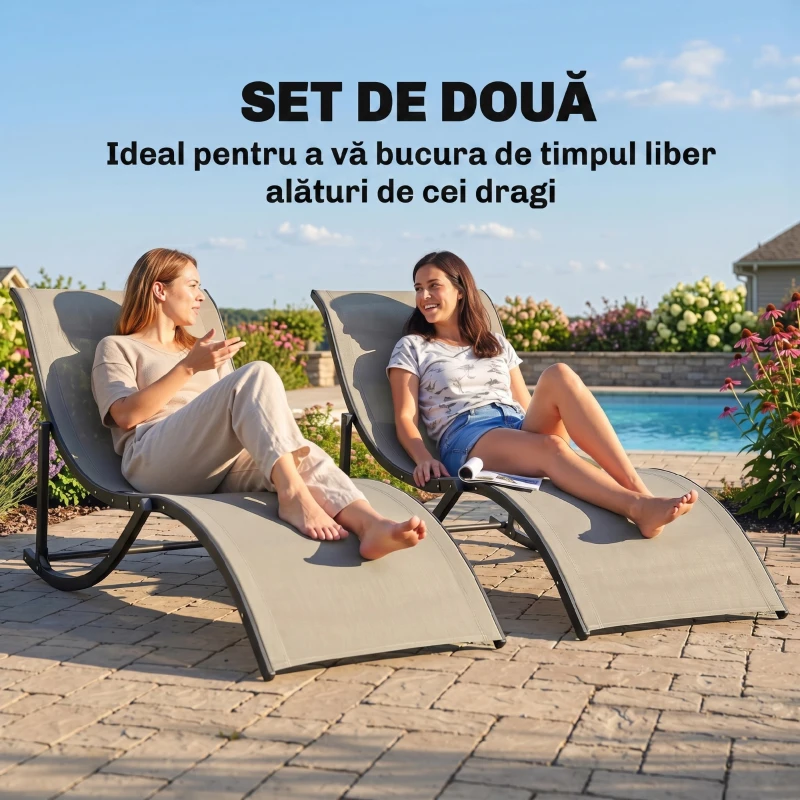 Outsunny Set 2 Sezlonguri de Gradina Pliabile, Sezlong pentru plaja din Aluminiu si Textilen, 61x165x63cm, negru si kaki