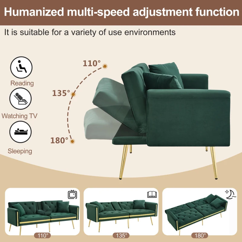 Two-Seater Convertible Sofa Bed with 3-Level Adjustable Backrest, Space-Saving Sleeper Sofa with High-Density Foam, 174L x 76W x 71.5H cm, Green