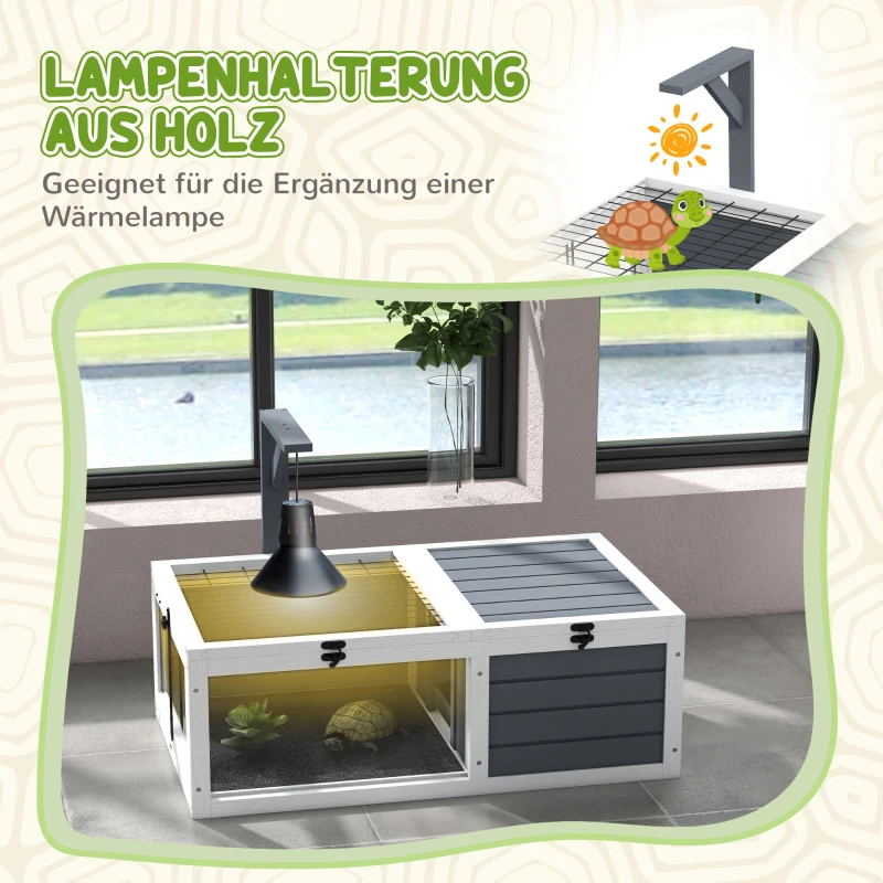 PawHut Schildpaddenverblijf, Reptielenbox met 2 Kamers, Deksel, Kunststof Schalen, Ramen, Hout, Grijs