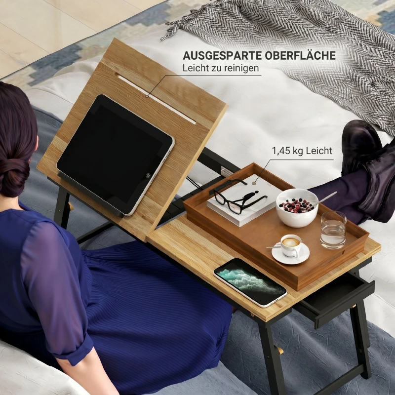 HOMCOM Bedtafel, Laptoptafel Verstelbaar met Lade, Opvouwbaar voor Bank, Werk, Bed, Eiken