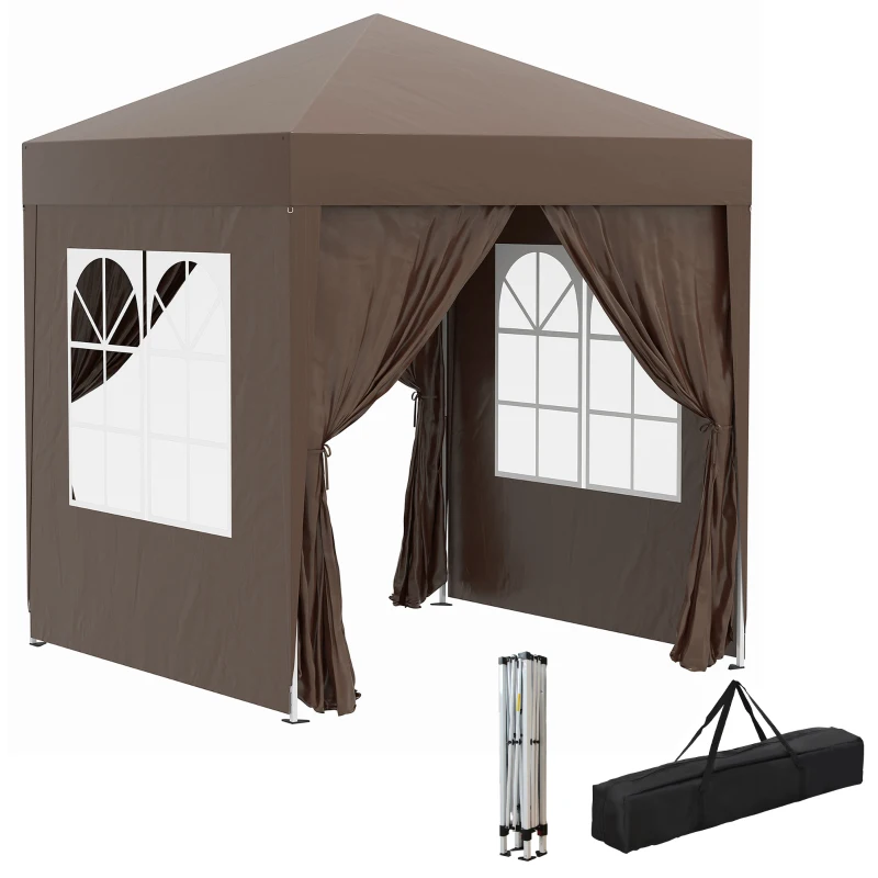 Outsunny 2 x 2 m Garden Pop Up Gazebo, Wedding Party Tent Marquee, Water Resistant Awning Canopy with Sidewalls, Windows, Carry Bag, Coffee(m-10)