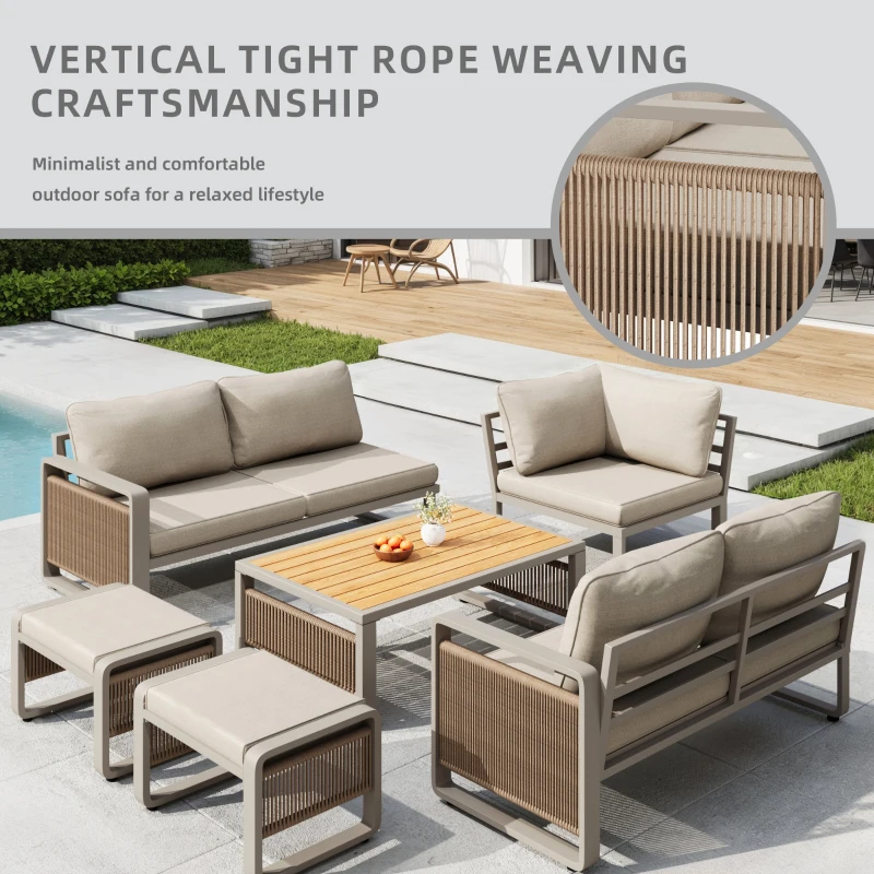 Modern Garden Corner Sofa Set with High‑Density Foam Cushions, Weatherproof Outdoor Set for 6-7 People, 120L x 65W x 66.5H cm, Beige