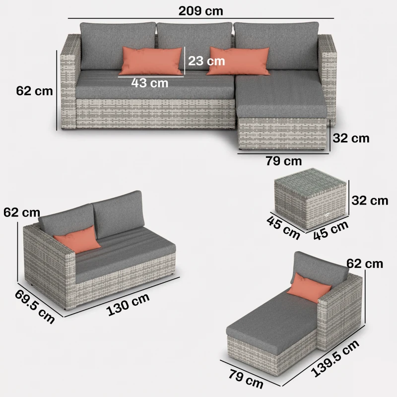 Outsunny 3 Pieces Outdoor PE Rattan Corner Sofa Set with Cushions - Garden Conversation Chaise Lounge Furniture, Includes Glass Top Coffee Table and Two Pillows, Grey