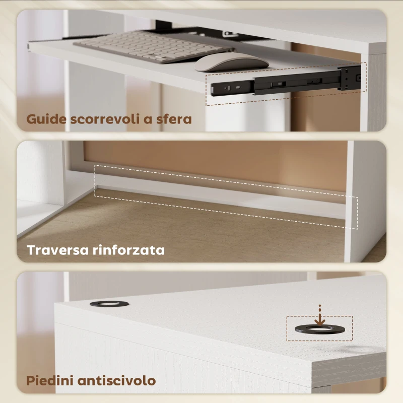 HOMCOM Scrivania Angolare Moderna con Ripiano Scorrevole per Tastiera e Scaffale a 4 Ripiani, Bianco