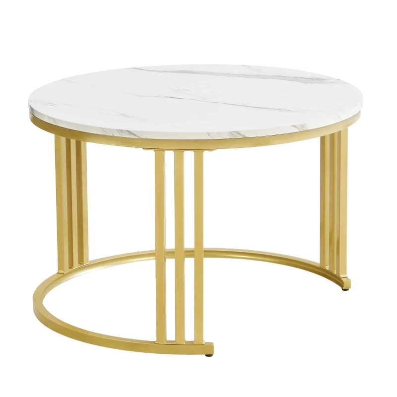 2-In-1 Round Coffee Table Set with High-Gloss Tops, Space-Saving Center Table Set with 2 Drawers, 70L x 70W x 46H cm, White+Gray