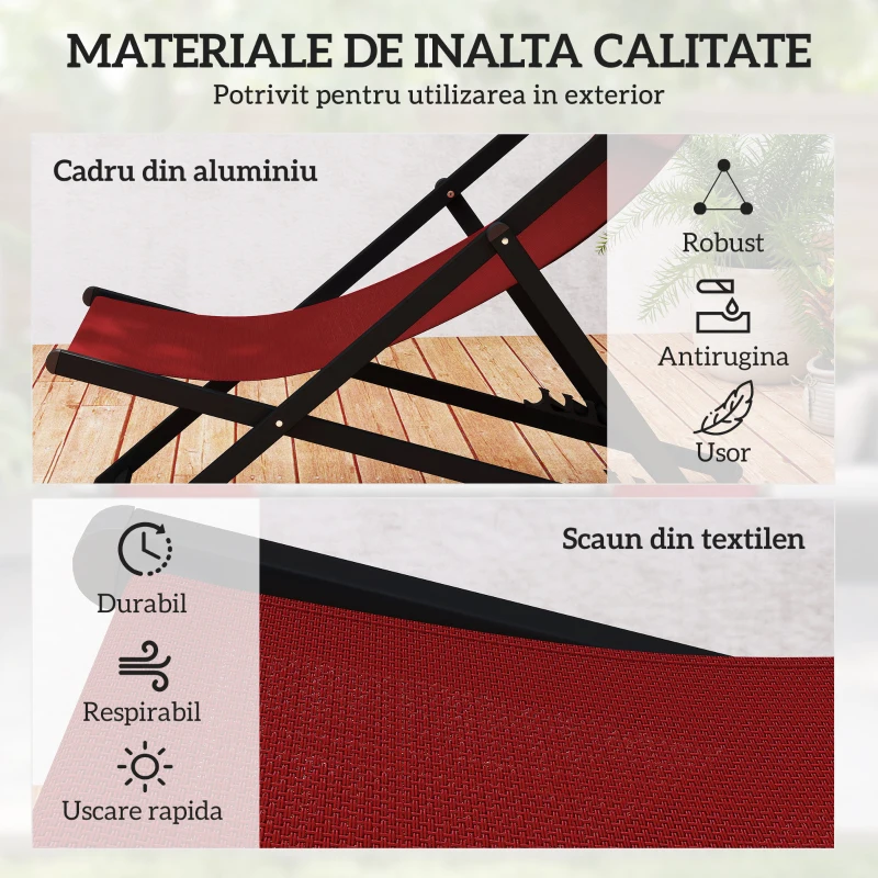 Outsunny Set de 2 Sezlonguri Rabatabile din Aluminiu si Textilen Rosu