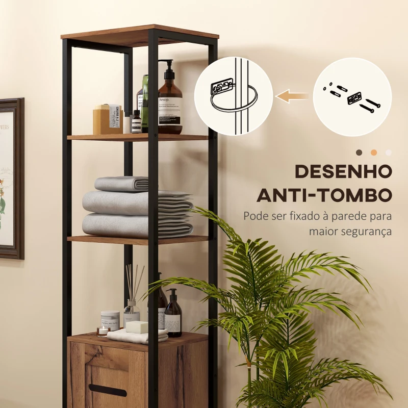 kleankin Coluna Casa de Banho Armário Alto Casa de Banho Estreito com Porta de Ripas Prateleiras Ajustáveis 37x30x167 cm Castanho Rústico