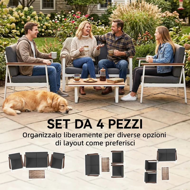 Outsunny Set Divani Giardino 4 Persone: 2 Poltrone, Divanetto, Tavolino.