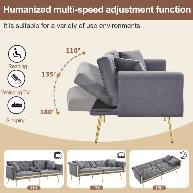 Two-Seater Convertible Sofa Bed with 3-Level Adjustable Backrest, Space-Saving Sleeper Sofa with High-Density Foam, 174L x 76W x 71.5H cm, Grey