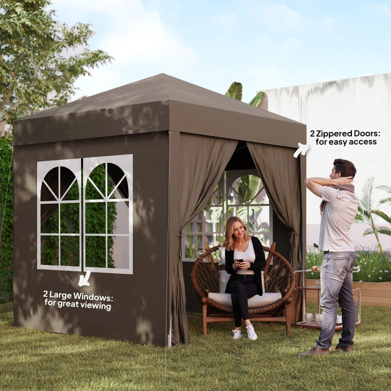 Outsunny 2 x 2 m Garden Pop Up Gazebo, Wedding Party Tent Marquee, Water Resistant Awning Canopy with Sidewalls, Windows, Carry Bag, Coffee(m-7)