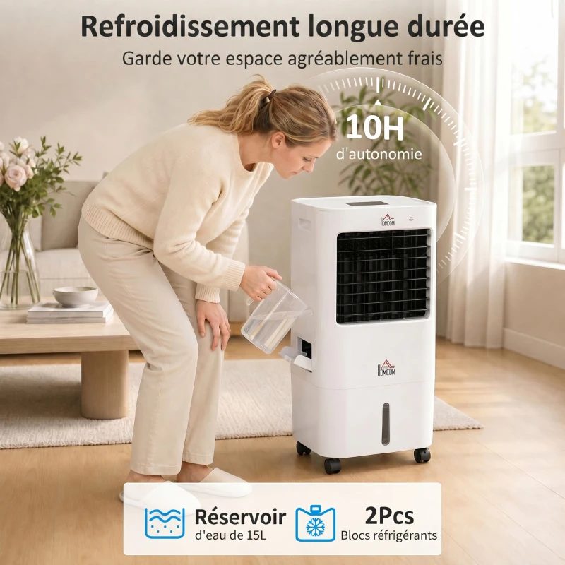 HOMCOM Refroidisseur d'air portable mobile par évaporation 3 en 1 oscillation, 3 vitesses, télécommande, minuterie 8H, blanc