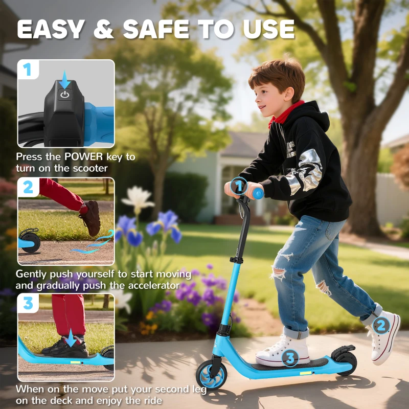 HOMCOM 120W Electric Scooter, E-Scooter, Adjustable Height, Rear Brake, for Ages 6+, Blue